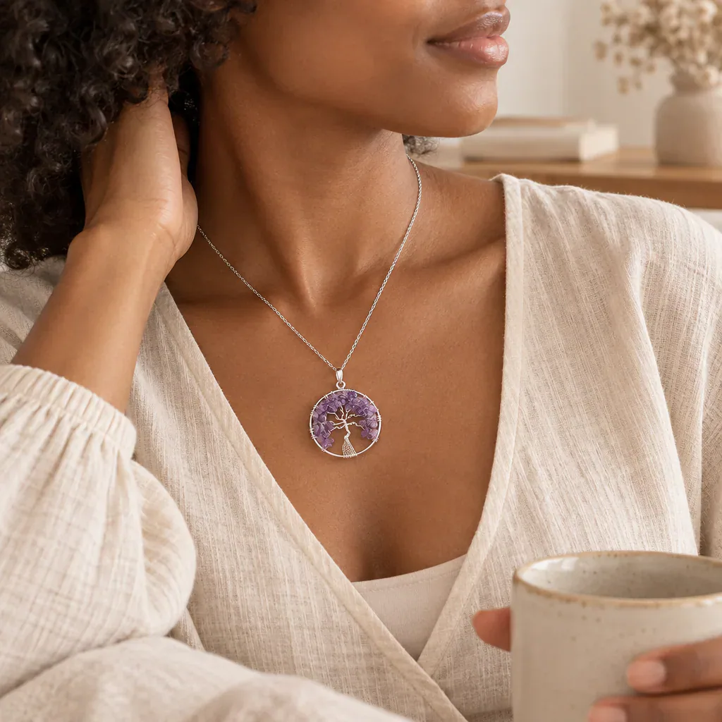 Pendentif arbre de vie en améthyste du Brésil — 40 mm — Grade A — vue portée 2