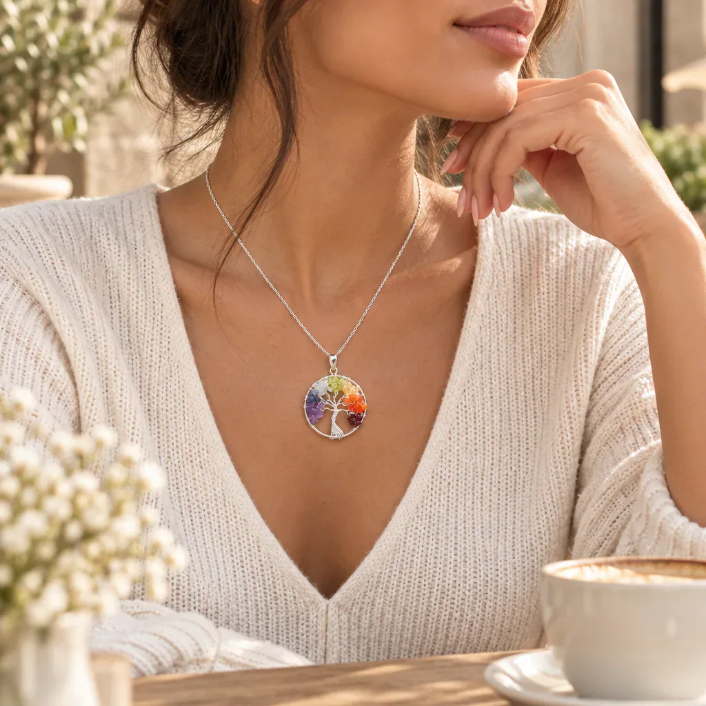 Pendentif arbre de vie 7 chakras du Brésil · 40 mm — Grade A — vue portée 2