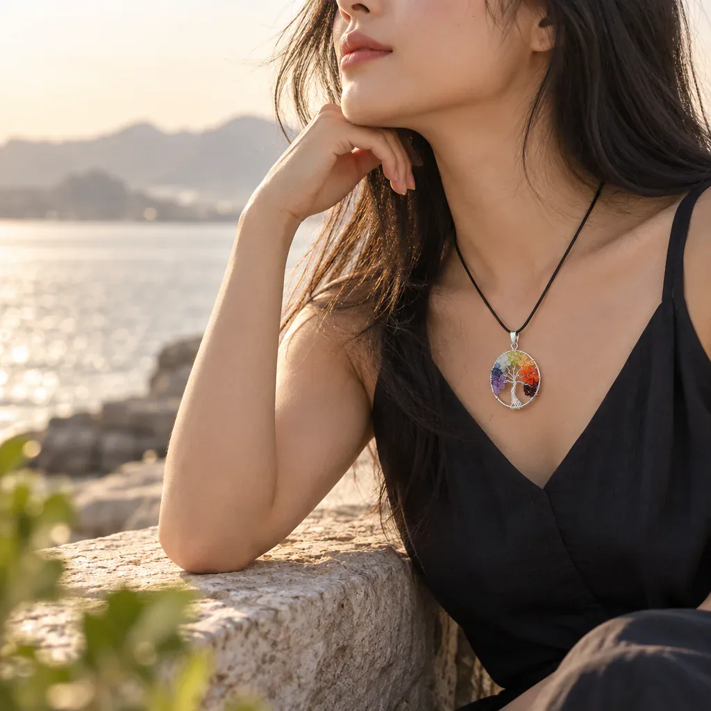 Pendentif arbre de vie 7 chakras du Brésil · 40 mm — Grade A — vue portée 3