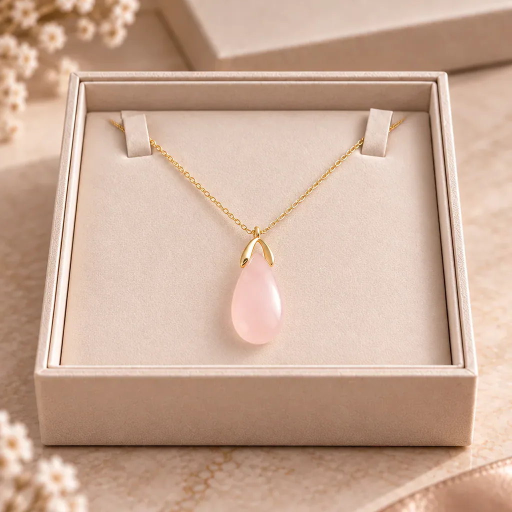 Collier en quartz rose du Brésil avec pendentif de 35 mm — Grade A — vue studio 2