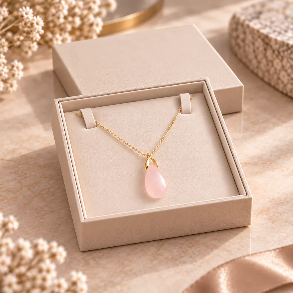 Collier en quartz rose du Brésil avec pendentif de 35 mm — Grade A — vue studio 3