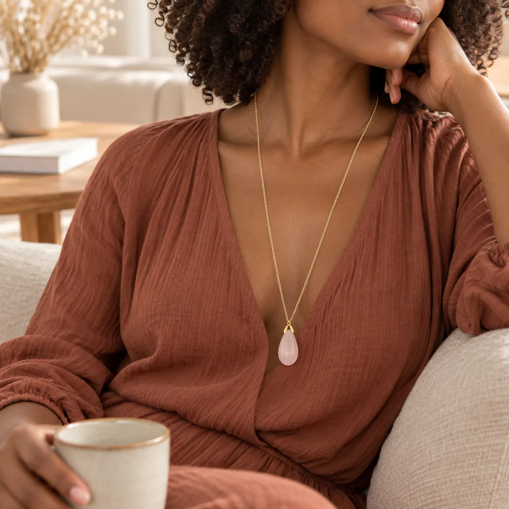 Collier sautoir en quartz rose du Brésil — pendentif goutte 35 mm — Grade A — vue portée 2