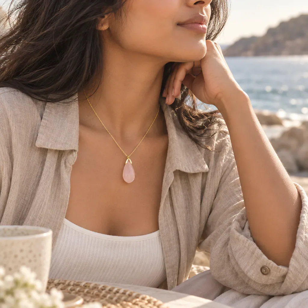 Collier en quartz rose du Brésil avec pendentif de 35 mm — Grade A — vue portée 3