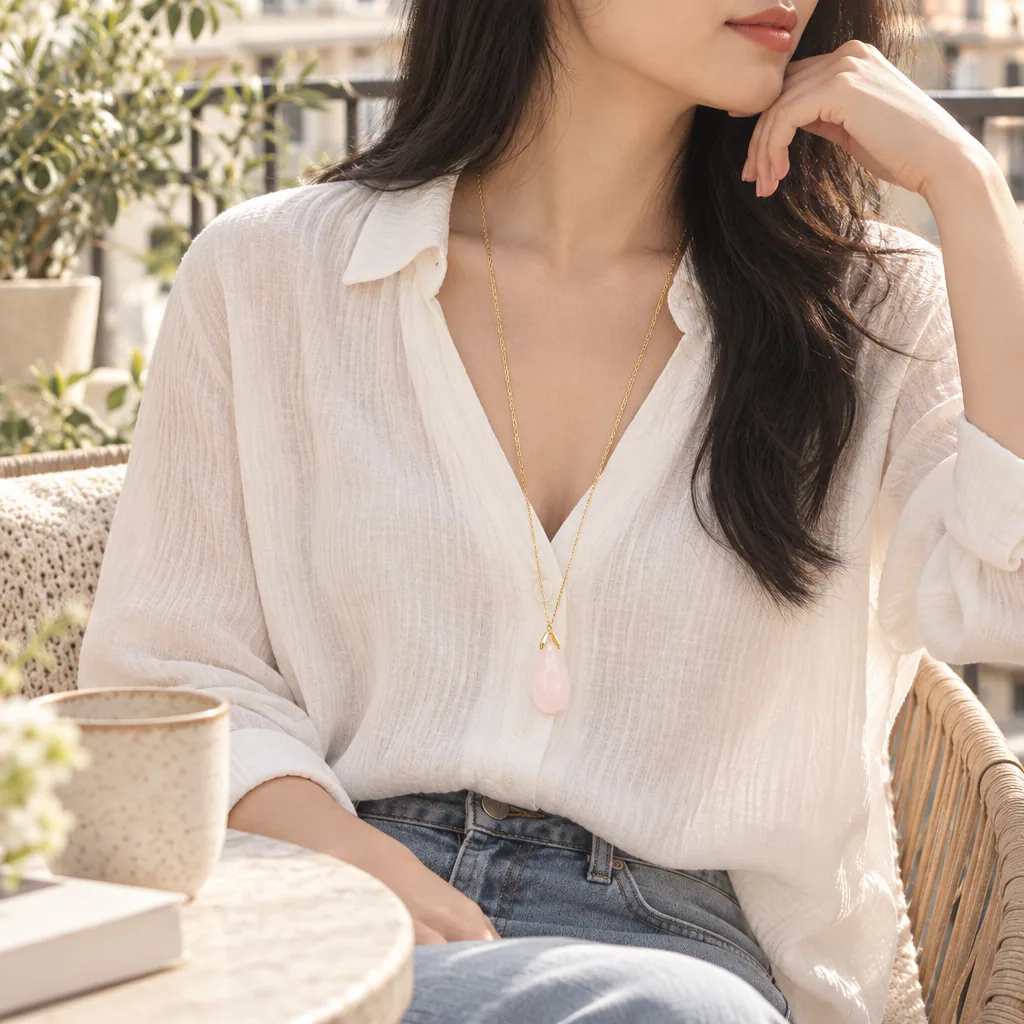 Collier sautoir en quartz rose du Brésil — pendentif goutte 35 mm — Grade A — vue portée 3