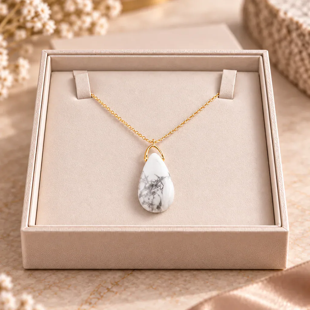 Collier sautoir en howlite blanche du Zimbabwe — pendentif goutte 35 mm — Grade A+ — vue studio 2