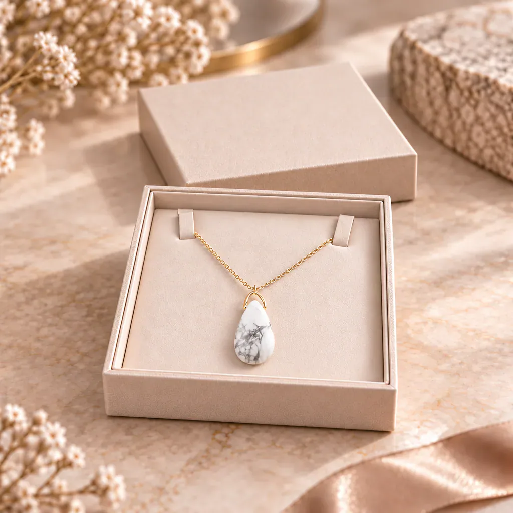 Collier sautoir en howlite blanche du Zimbabwe — pendentif goutte 35 mm — Grade A+ — vue studio 3
