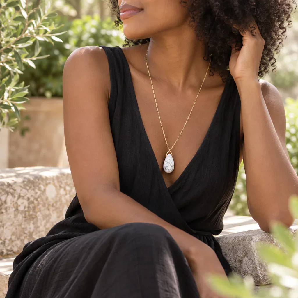 Collier sautoir en howlite blanche du Zimbabwe — pendentif goutte 35 mm — Grade A+ — vue portée 3