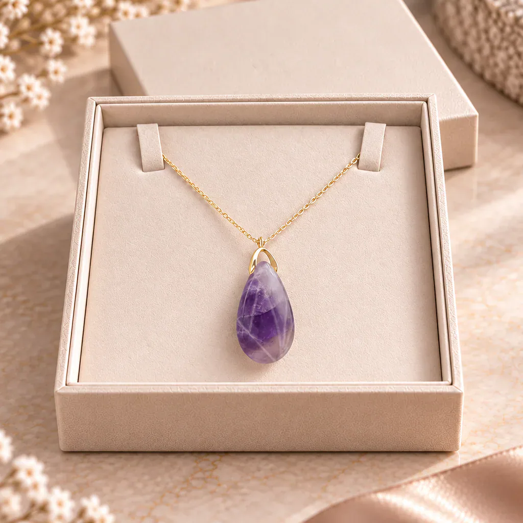 Collier sautoir en améthyste du Brésil — pendentif goutte 35 mm — Grade A — vue studio 2