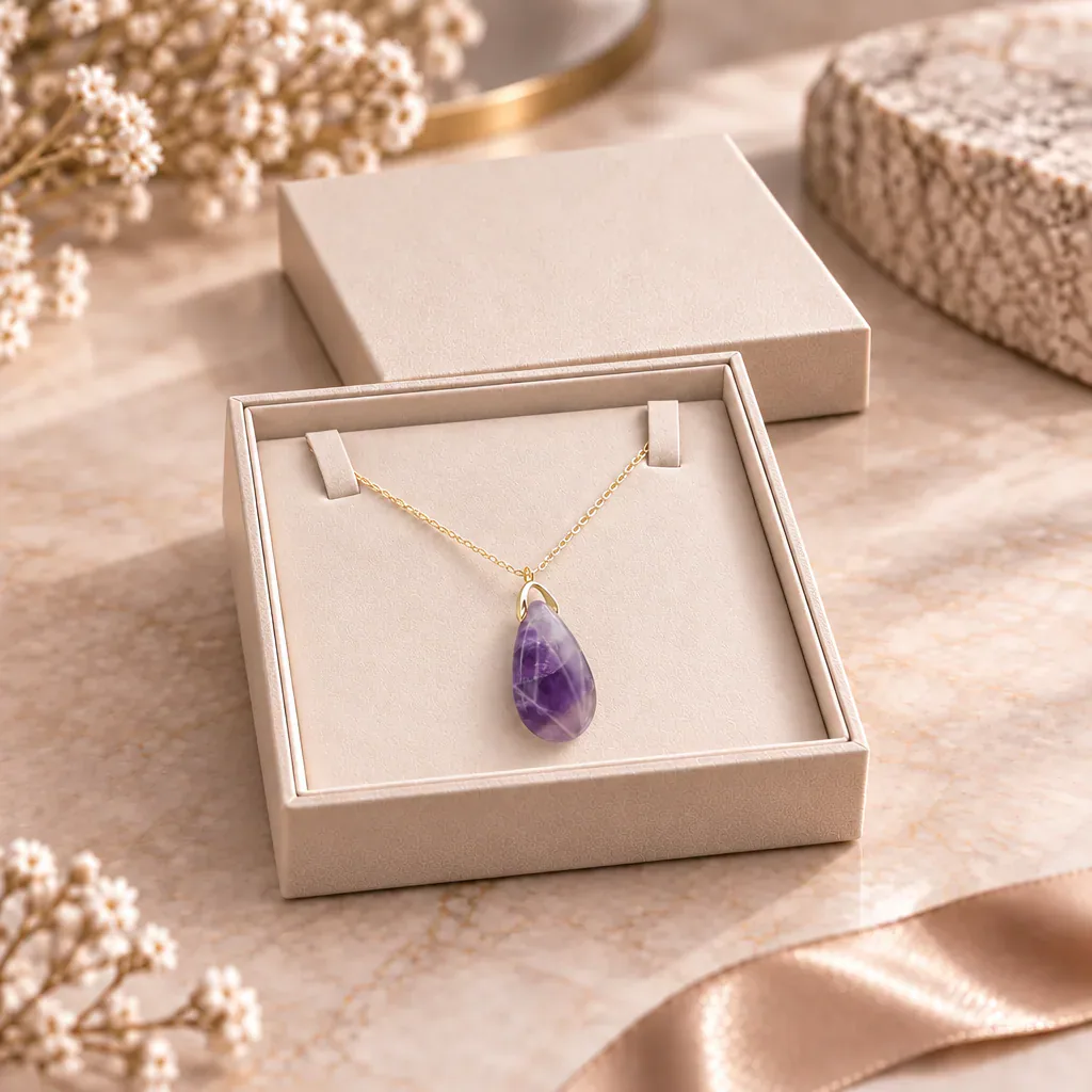 Collier sautoir en améthyste du Brésil — pendentif goutte 35 mm — Grade A — vue studio 3