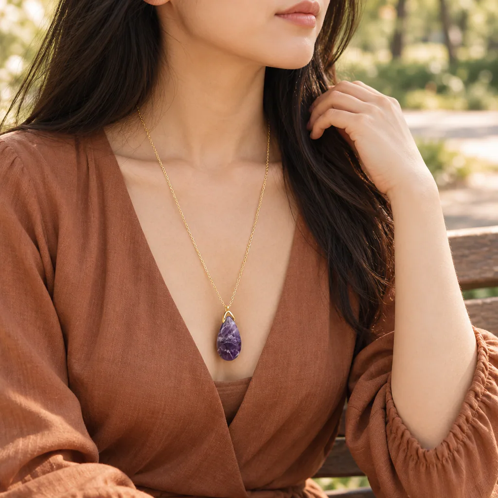 Collier sautoir en améthyste du Brésil — pendentif goutte 35 mm — Grade A — vue portée 1