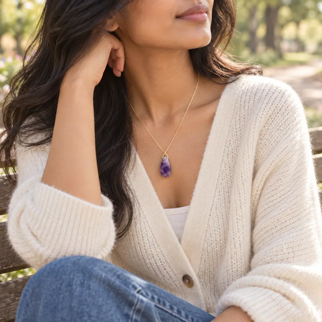 Collier sautoir en améthyste du Brésil — pendentif goutte 35 mm — Grade A — vue portée 3