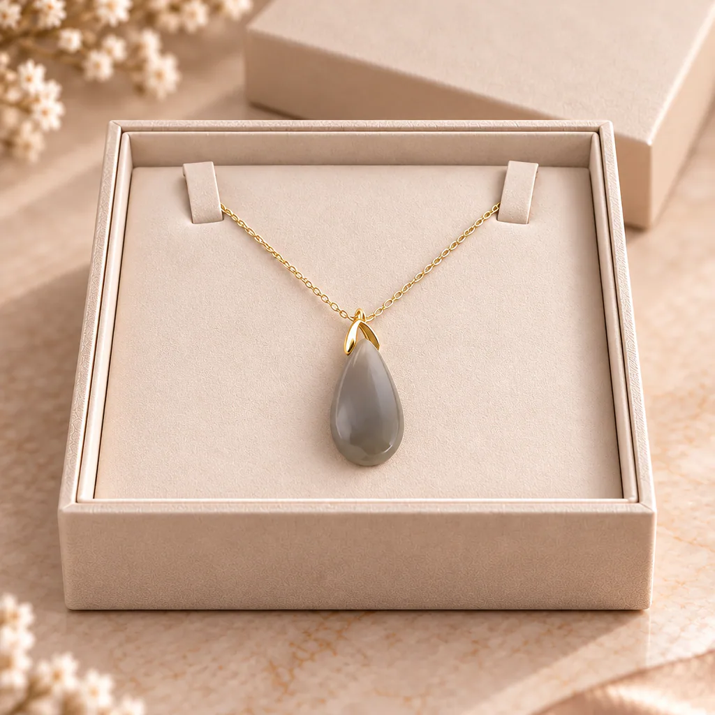 Collier sautoir en agate du Botswana — pendentif goutte 35 mm — Grade A+ — vue studio 2