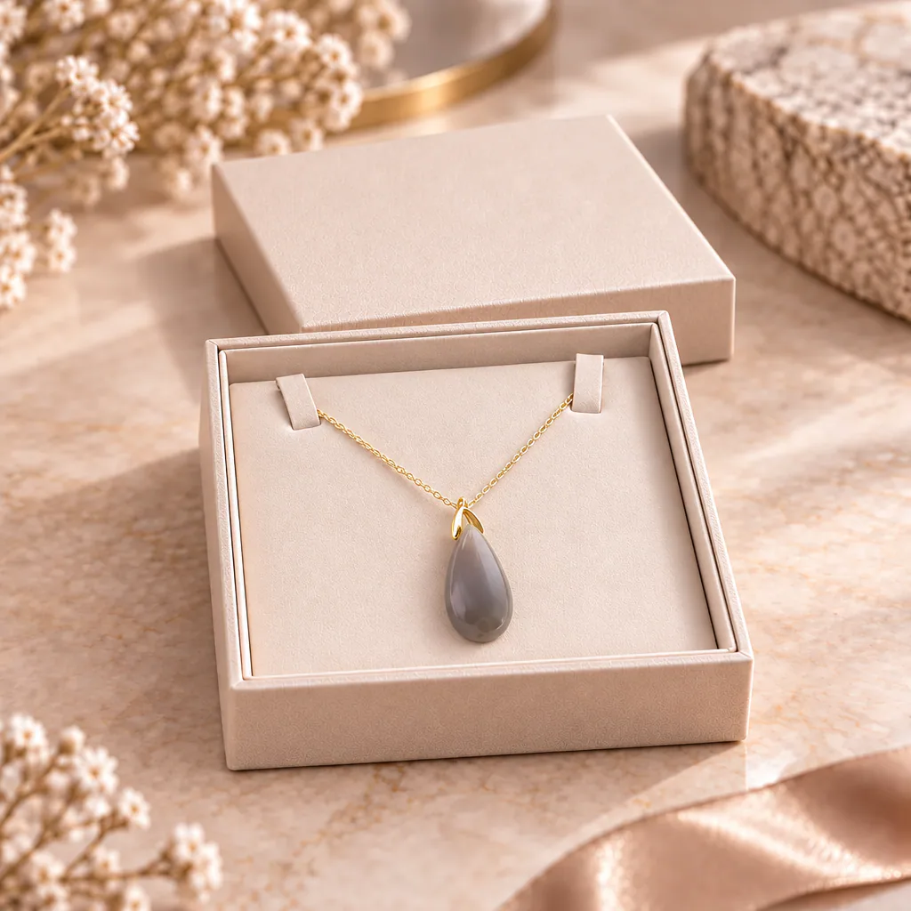 Collier sautoir en agate du Botswana — pendentif goutte 35 mm — Grade A+ — vue studio 3