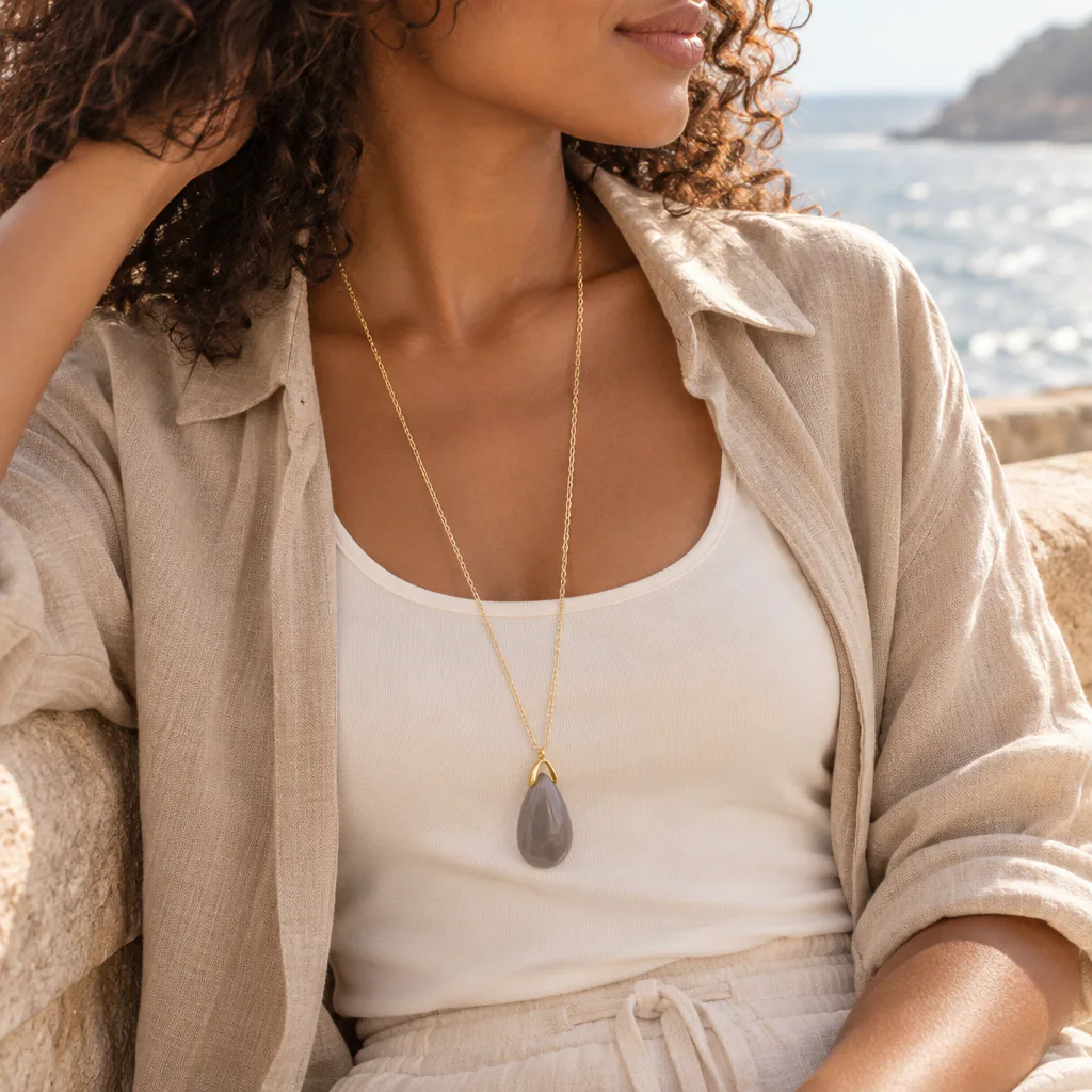 Collier sautoir en agate du Botswana — pendentif goutte 35 mm — Grade A+ — vue portée 1
