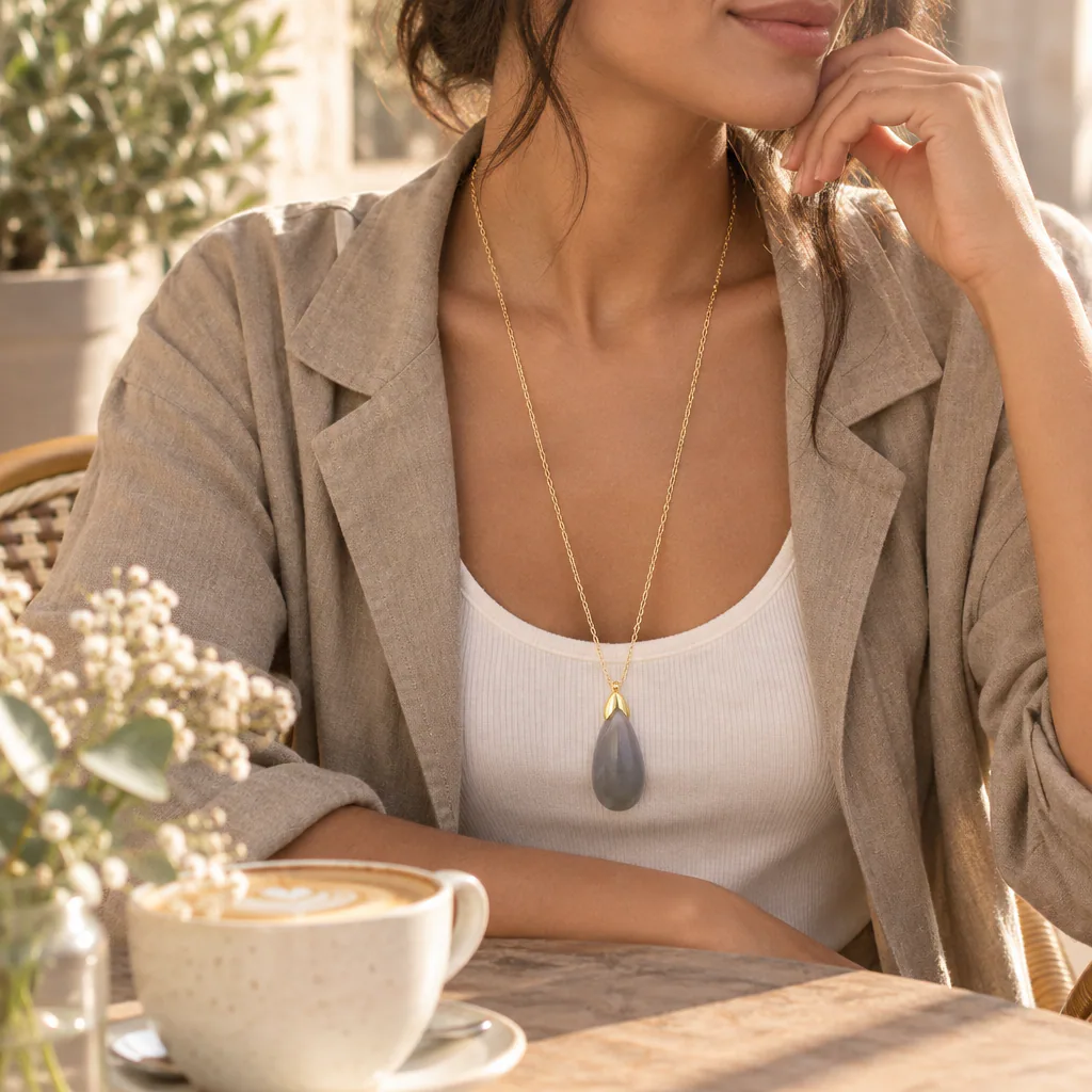 Collier sautoir en agate du Botswana — pendentif goutte 35 mm — Grade A+ — vue portée 3