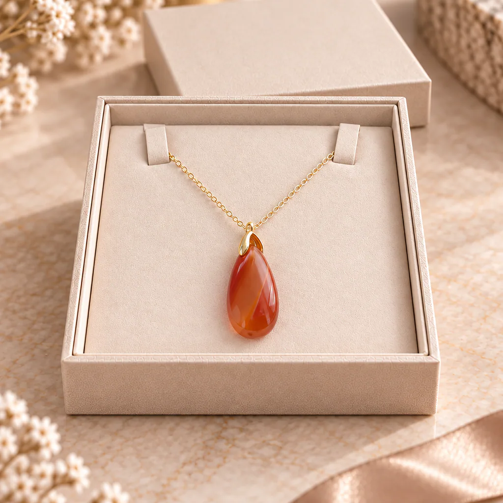 Collier sautoir en cornaline du Brésil — pendentif goutte 35 mm — Grade A+ — vue studio 2