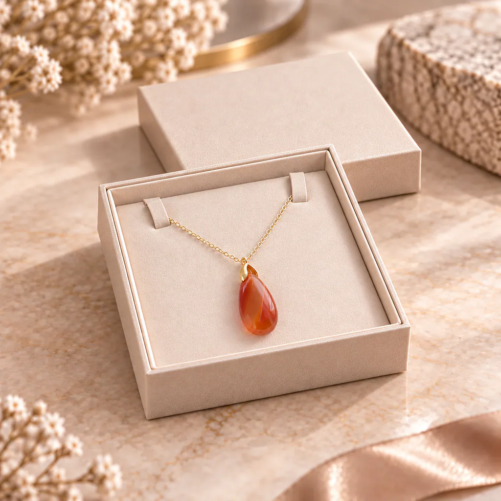 Collier sautoir en cornaline du Brésil — pendentif goutte 35 mm — Grade A+ — vue studio 3