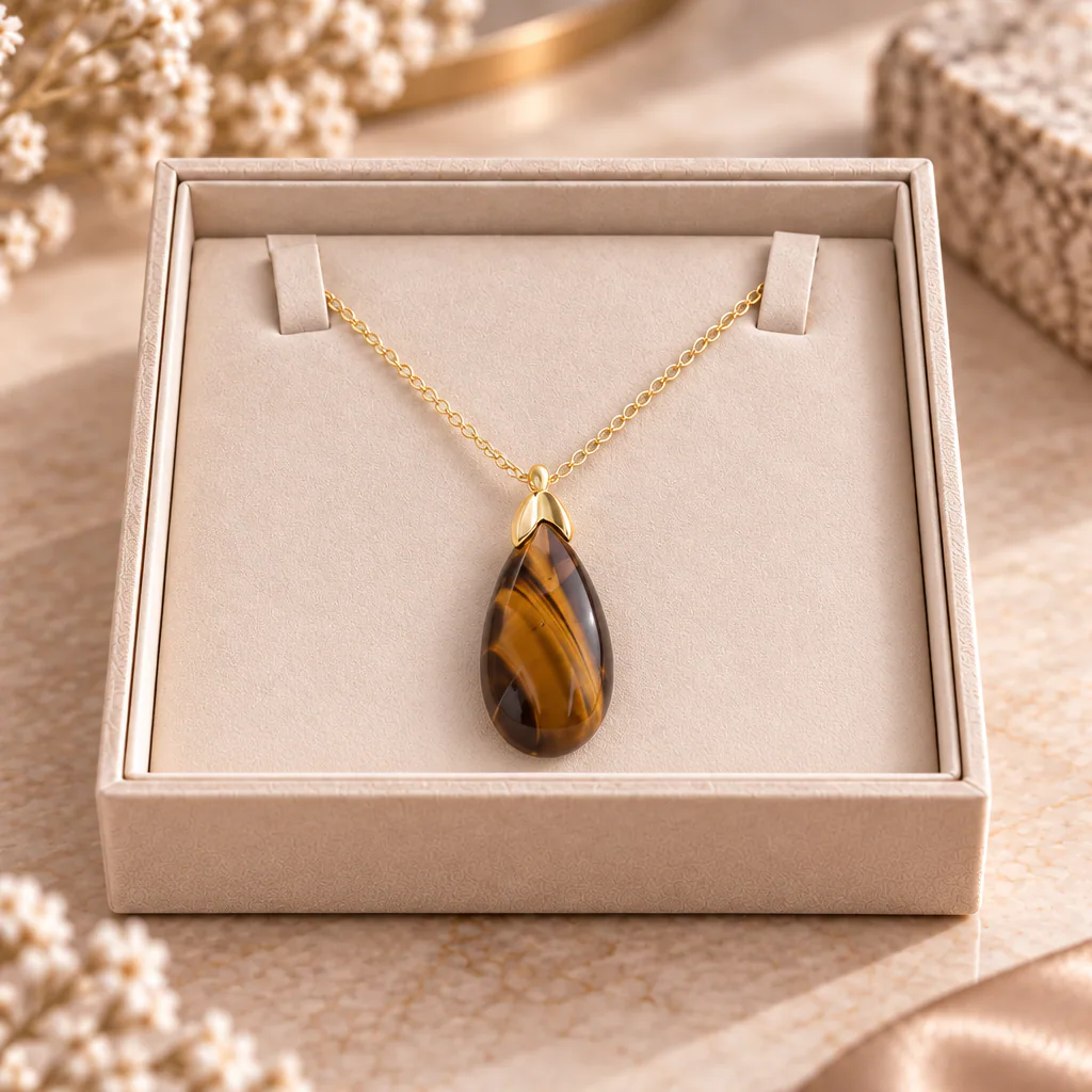 Collier sautoir en œil de tigre d’Afrique du Sud — pendentif goutte 35 mm — Grade A+ — vue studio 2