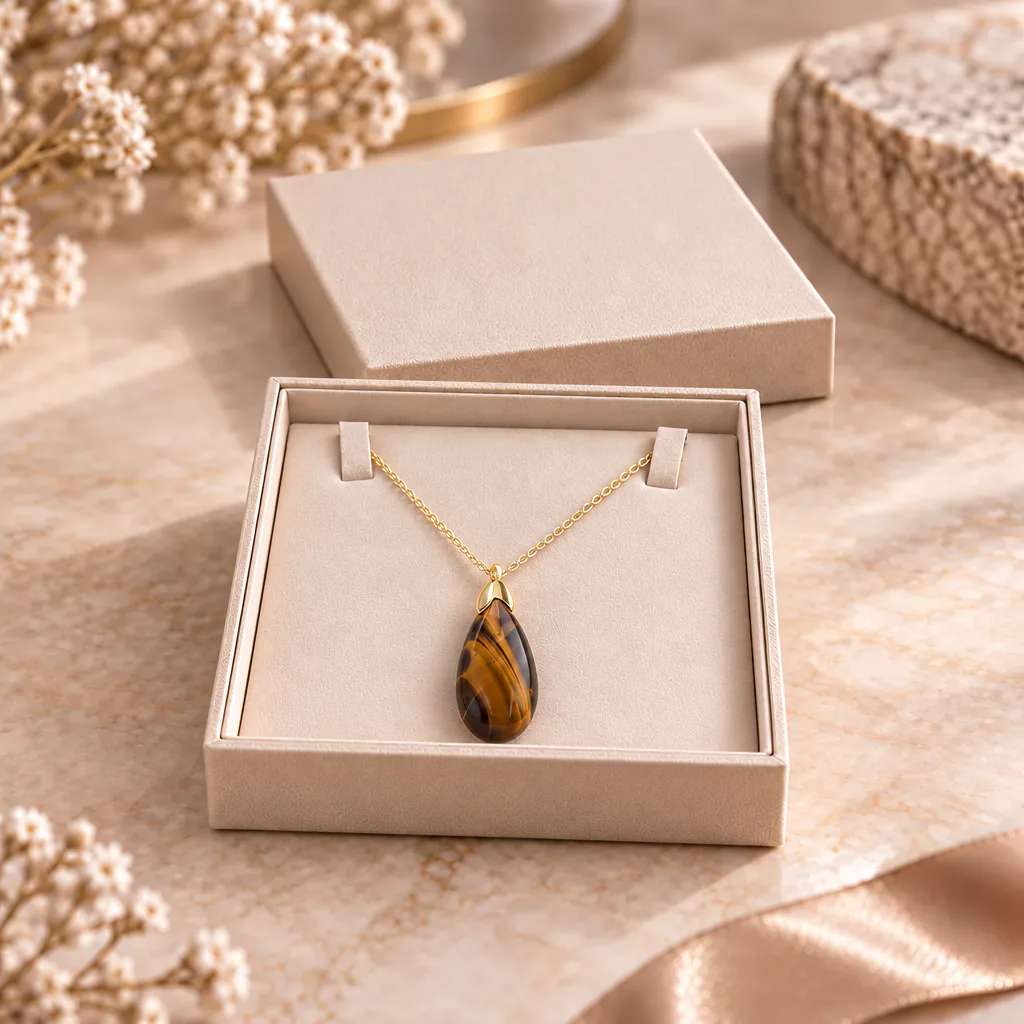 Collier sautoir en œil de tigre d’Afrique du Sud — pendentif goutte 35 mm — Grade A+ — vue studio 3