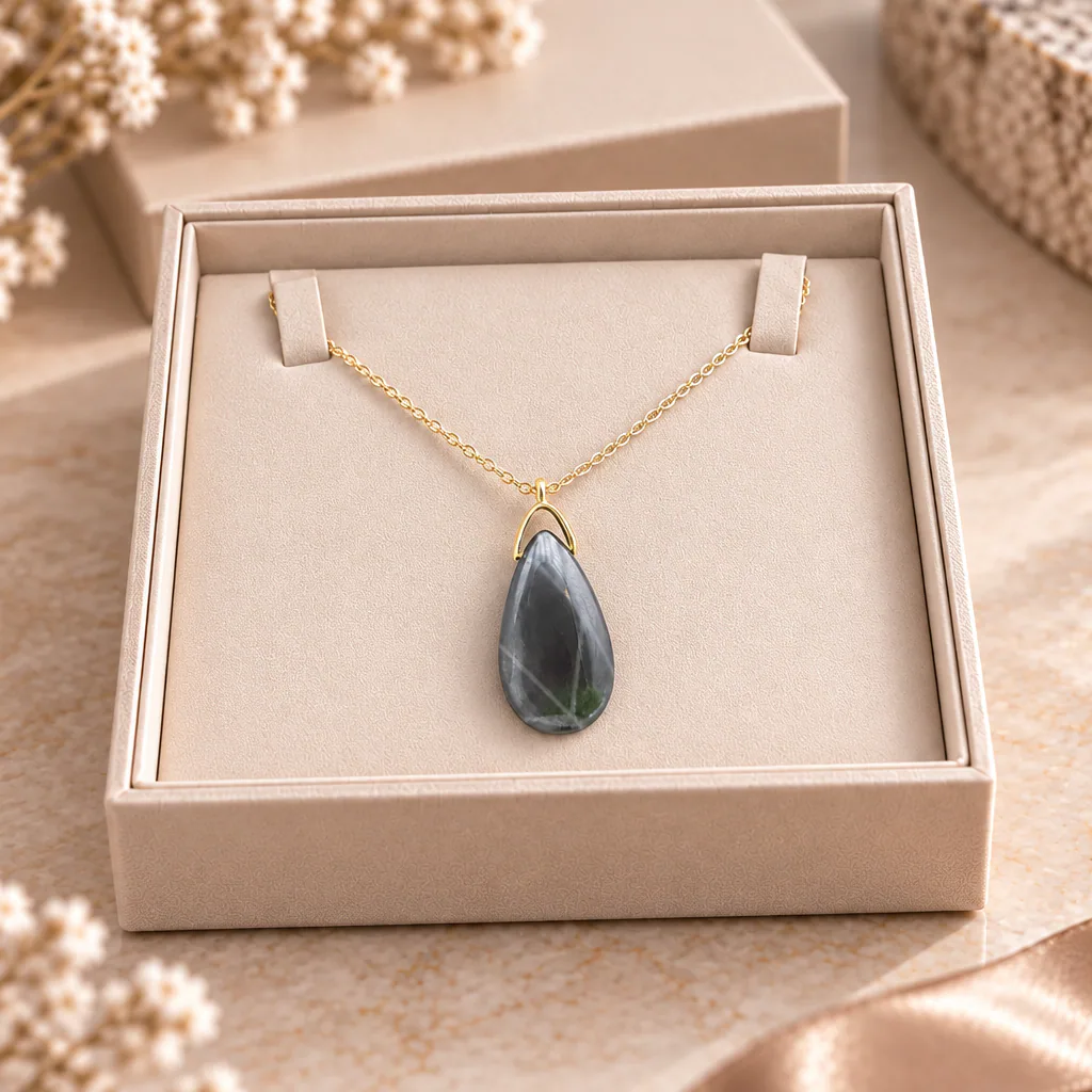Collier sautoir en hématite de Chine — pendentif 35 mm — Grade A+ — vue studio 2