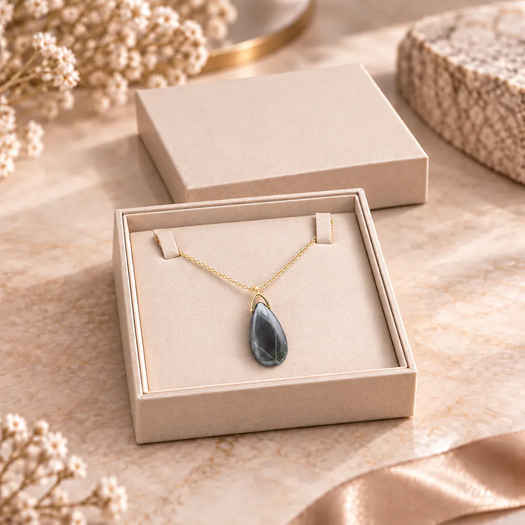 Collier sautoir en hématite de Chine — pendentif 35 mm — Grade A+ — vue studio 3