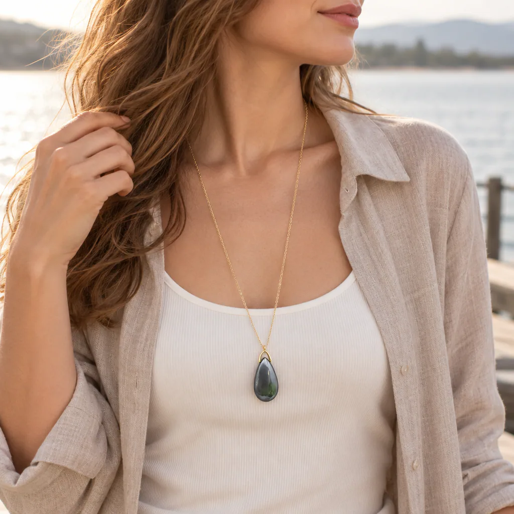 Collier sautoir en hématite de Chine — pendentif 35 mm — Grade A+ — vue portée 2