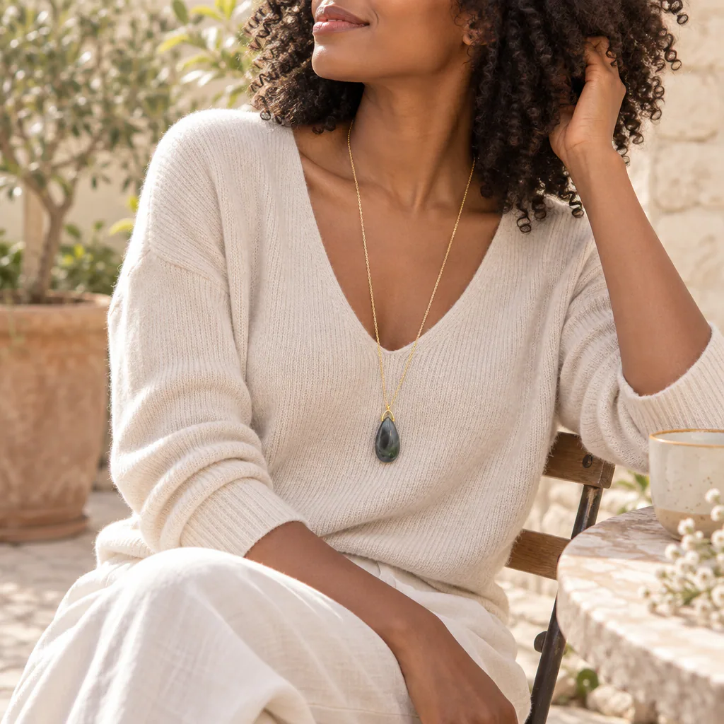Collier sautoir en hématite de Chine — pendentif 35 mm — Grade A+ — vue portée 3