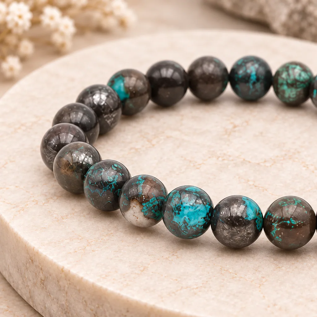 Bracelet à boules en chrysocolle du Congo-Kinshasa · 8 mm — Grade A+ — vue studio 2