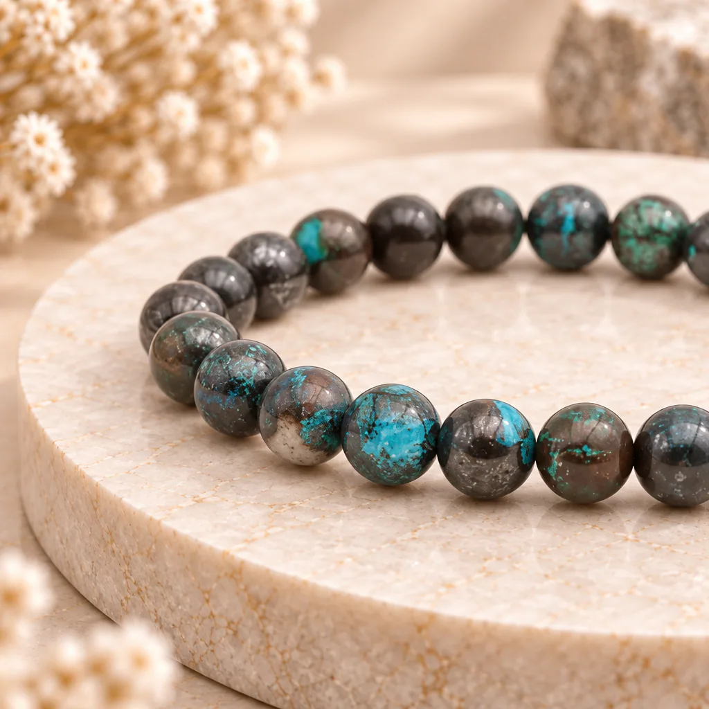 Bracelet à boules en chrysocolle du Congo-Kinshasa · 8 mm — Grade A+ — vue studio 2