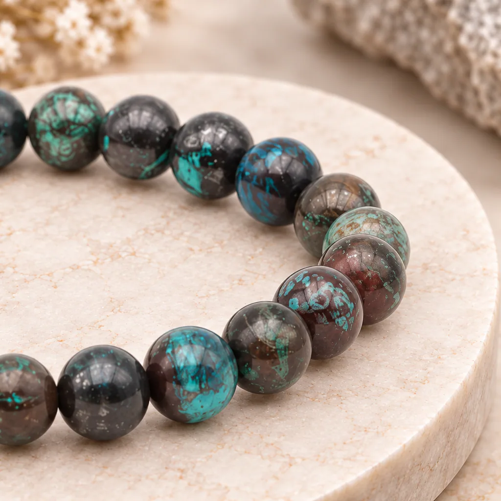Bracelet à boules en chrysocolle du Congo-Kinshasa · 8 mm — Grade A+ — vue studio 3