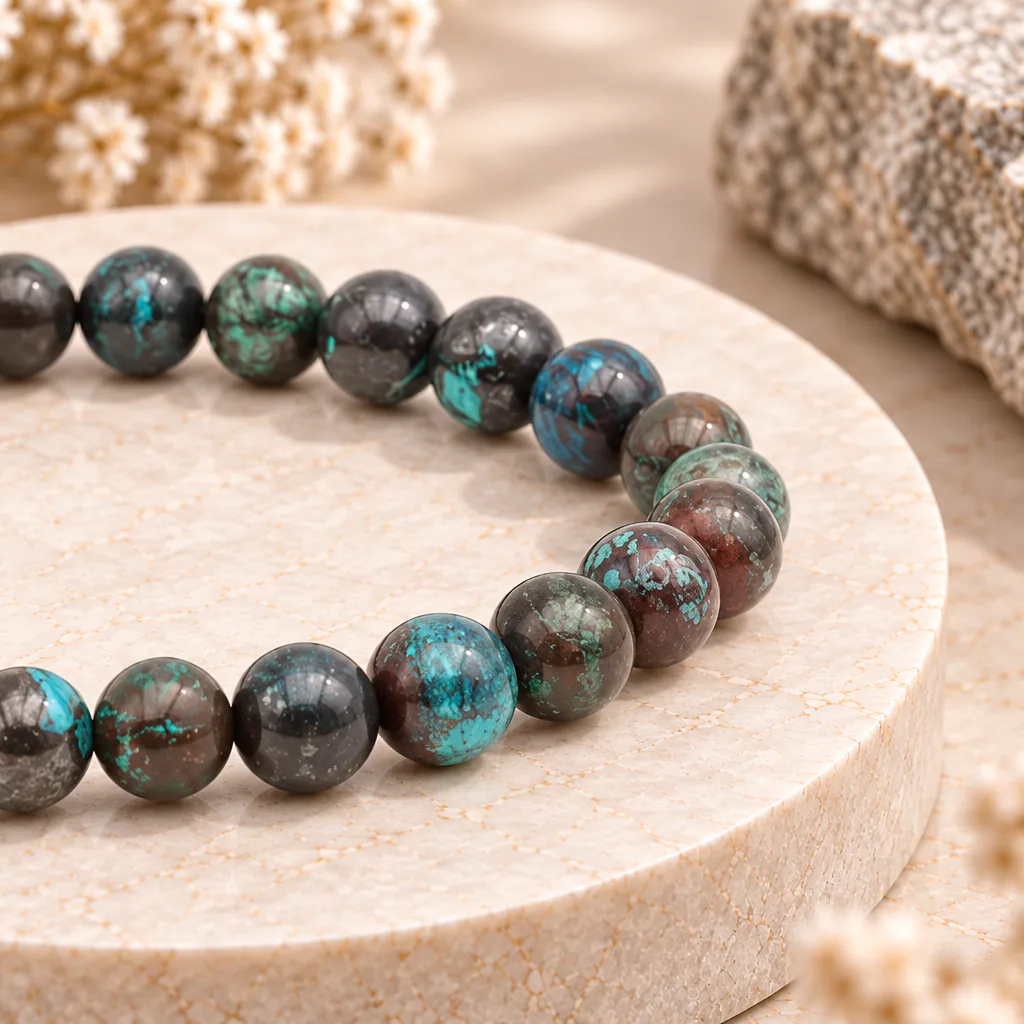 Bracelet à boules en chrysocolle du Congo-Kinshasa · 8 mm — Grade A+ — vue studio 3