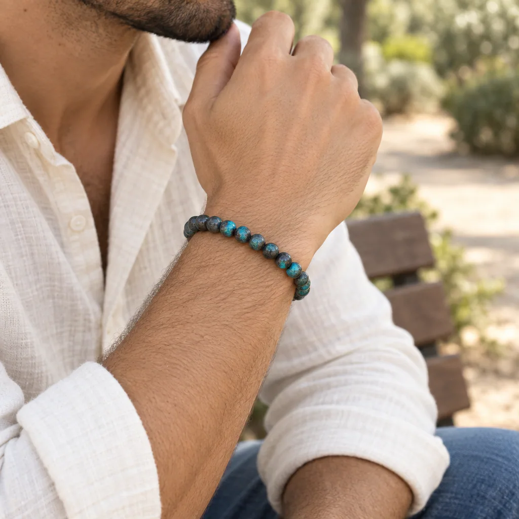 Bracelet à boules en chrysocolle du Congo-Kinshasa · 8 mm — Grade A+ — vue portée 2