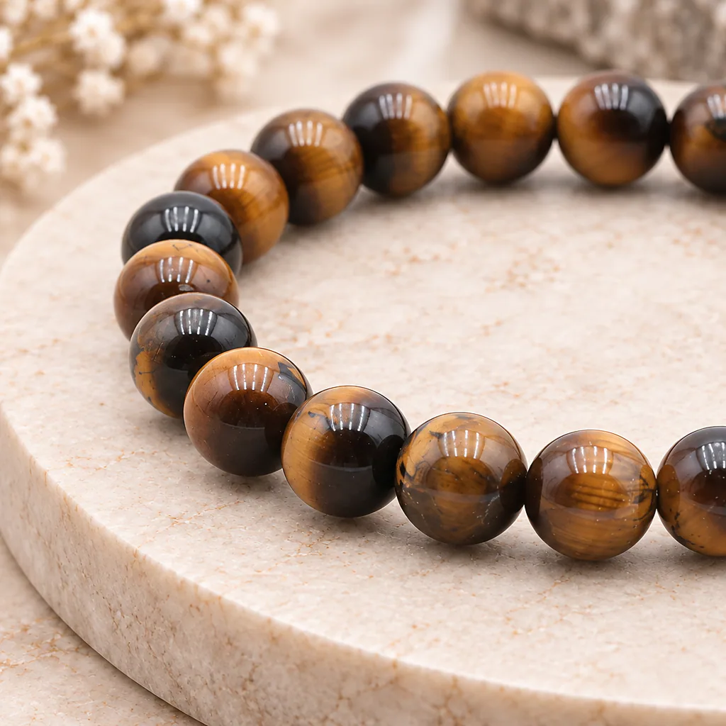 Bracelet à boules en œil de tigre d’Afrique du Sud — 8 mm — Grade A — vue studio 2