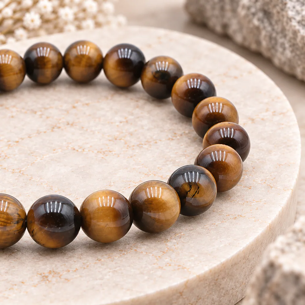 Bracelet à boules en œil de tigre d’Afrique du Sud — 8 mm — Grade A — vue studio 3