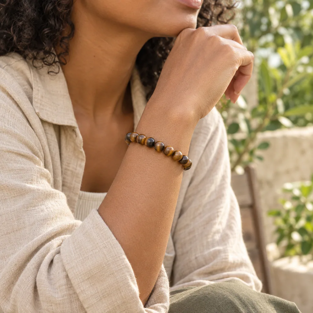 Bracelet à boules en œil de tigre d’Afrique du Sud — 8 mm — Grade A — vue portée 1