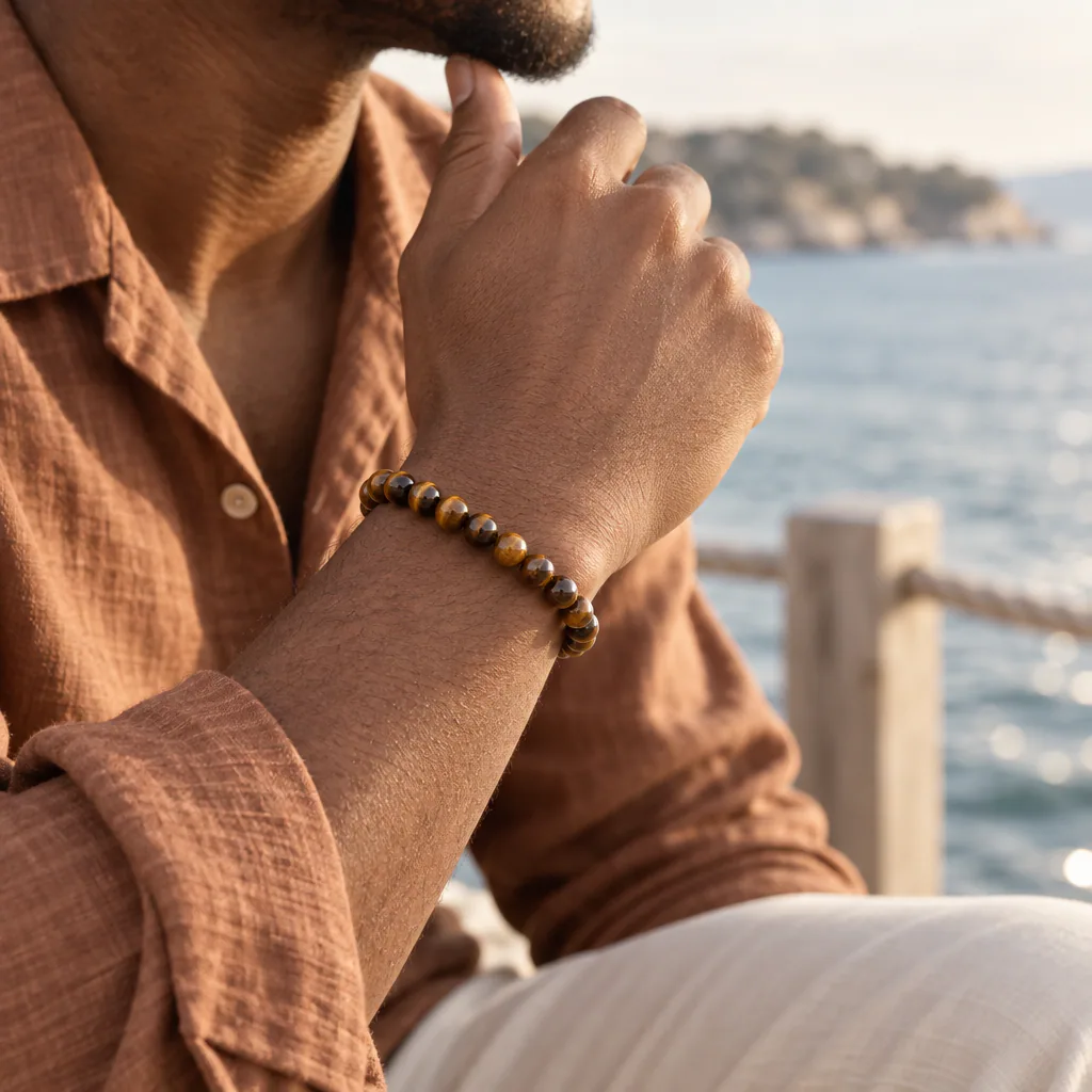 Bracelet à boules en œil de tigre d’Afrique du Sud — 8 mm — Grade A — vue portée 2