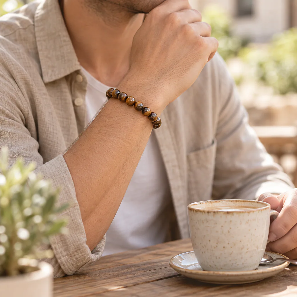 Bracelet à boules en œil de tigre d’Afrique du Sud — 8 mm — Grade A — vue portée 3