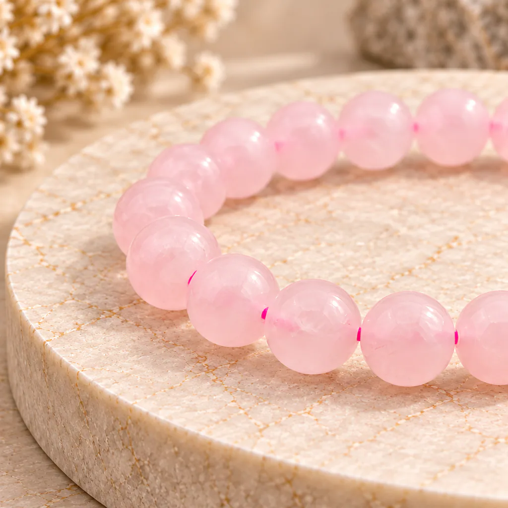 Bracelet à boules en quartz rose du Brésil — 8 mm — Grade A — vue studio 2