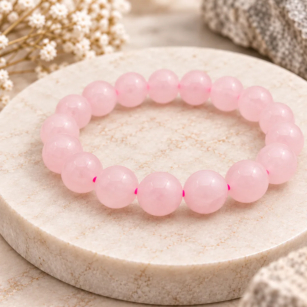 Bracelet à boules en quartz rose du Brésil — 8 mm — Grade A — vue studio 2