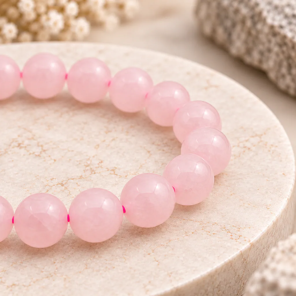 Bracelet à boules en quartz rose du Brésil — 8 mm — Grade A — vue studio 3