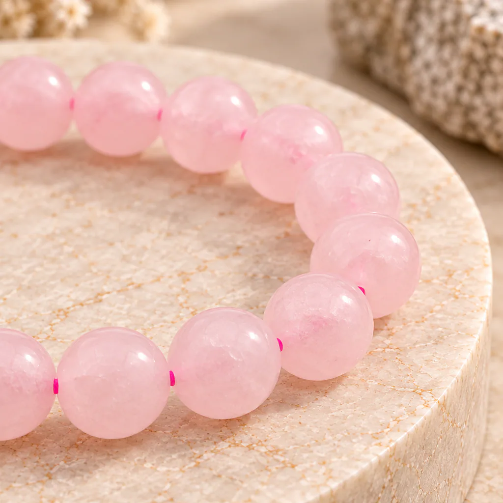 Bracelet à boules en quartz rose du Brésil — 8 mm — Grade A — vue studio 3