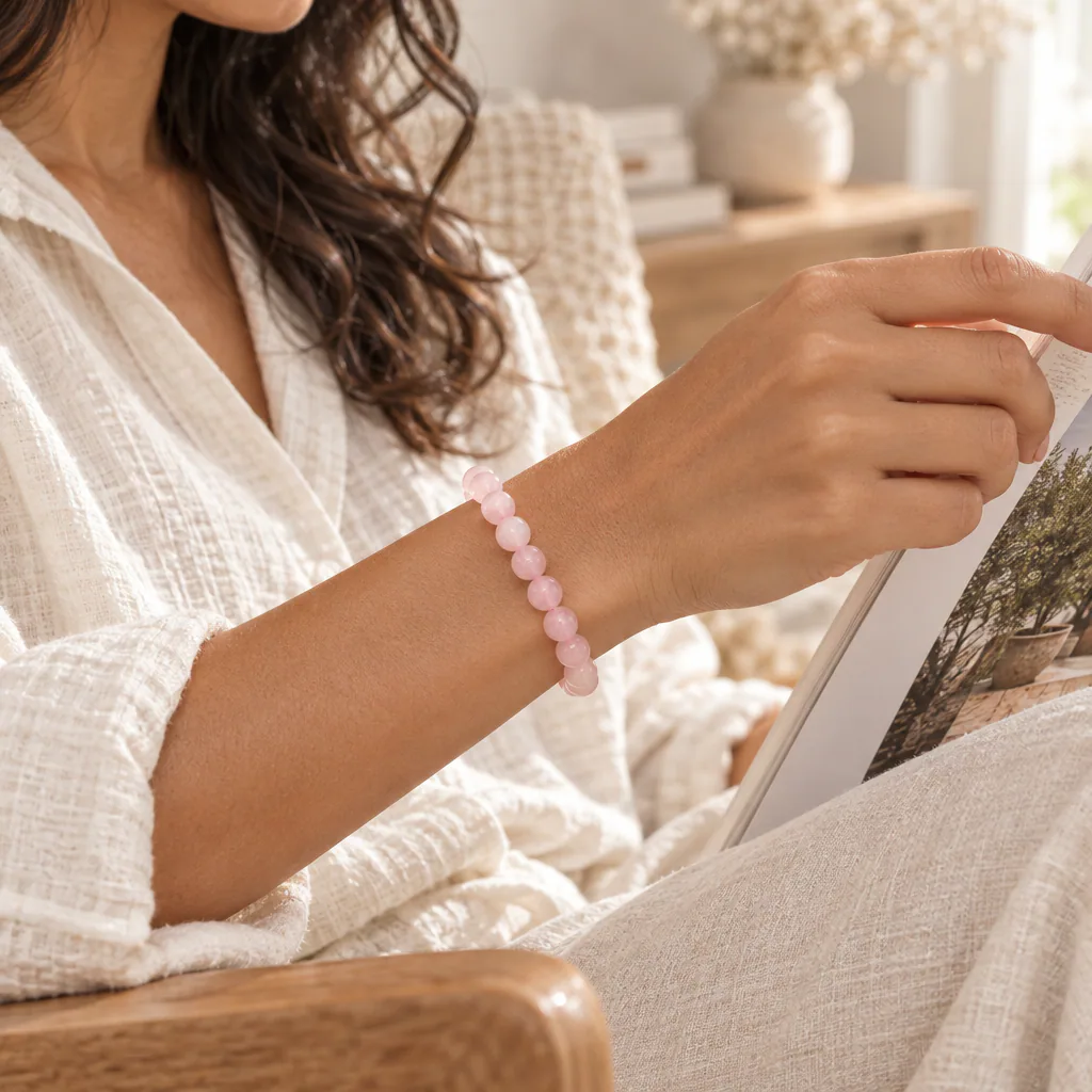 Bracelet à boules en quartz rose du Brésil — 8 mm — Grade A — vue portée 1