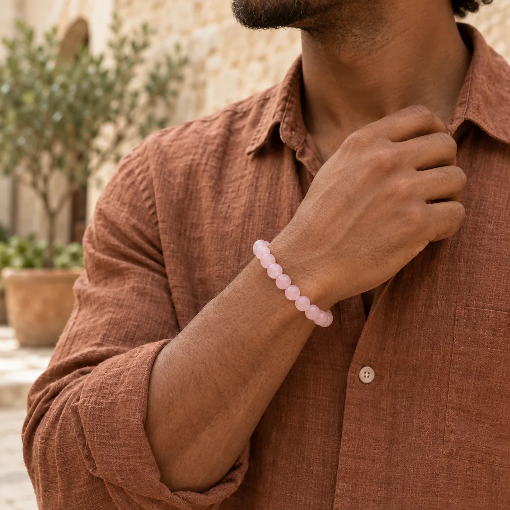 Bracelet à boules en quartz rose du Brésil — 8 mm — Grade A — vue portée 2