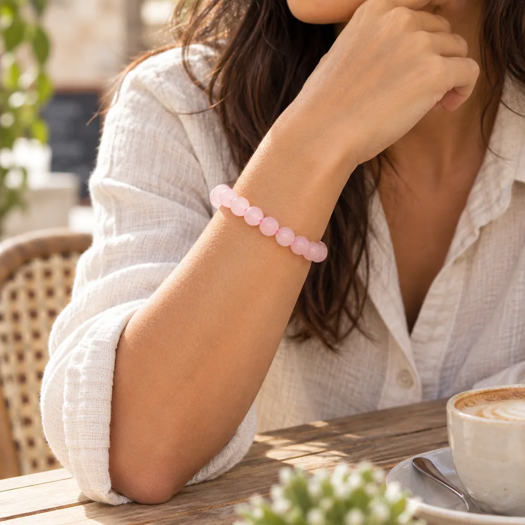 Bracelet à boules en quartz rose du Brésil — 8 mm — Grade A — vue portée 3