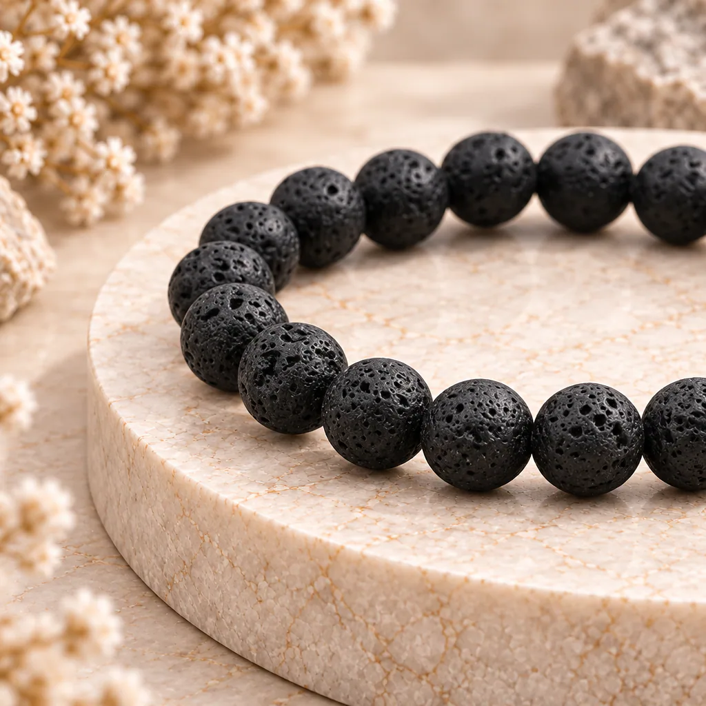 Bracelet à boules en pierre de lave de Chine — 8 mm — Grade A — vue studio 2