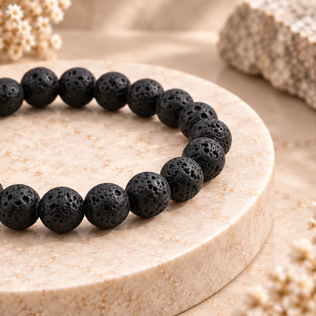 Bracelet à boules en pierre de lave de Chine — 8 mm — Grade A — vue studio 3