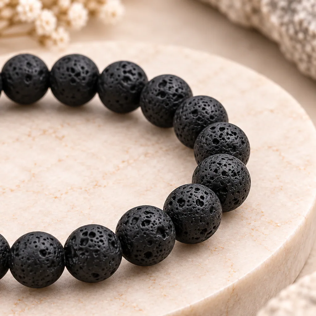 Bracelet à boules en pierre de lave de Chine — 8 mm — Grade A — vue studio 3