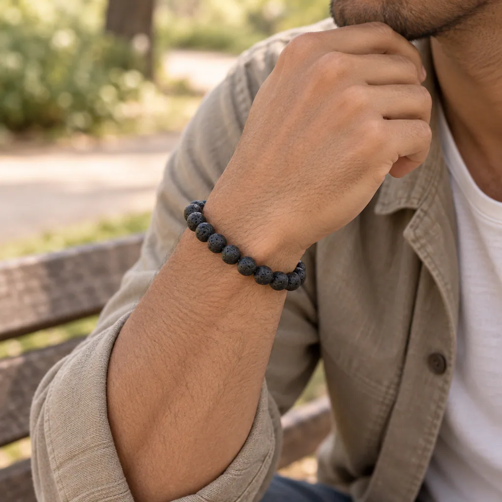 Bracelet à boules en pierre de lave de Chine — 8 mm — Grade A — vue portée 2