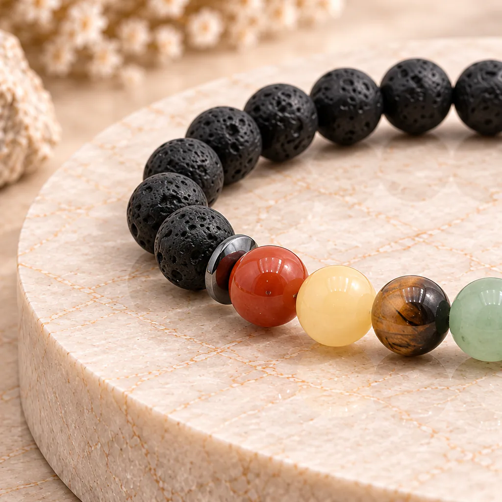 Bracelet à boules 7 Chakras en pierre de lave de Chine — 8 mm — Grade A — vue studio 2