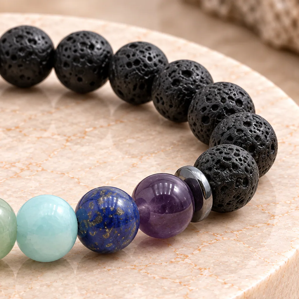 Bracelet à boules 7 Chakras en pierre de lave de Chine — 8 mm — Grade A — vue studio 3
